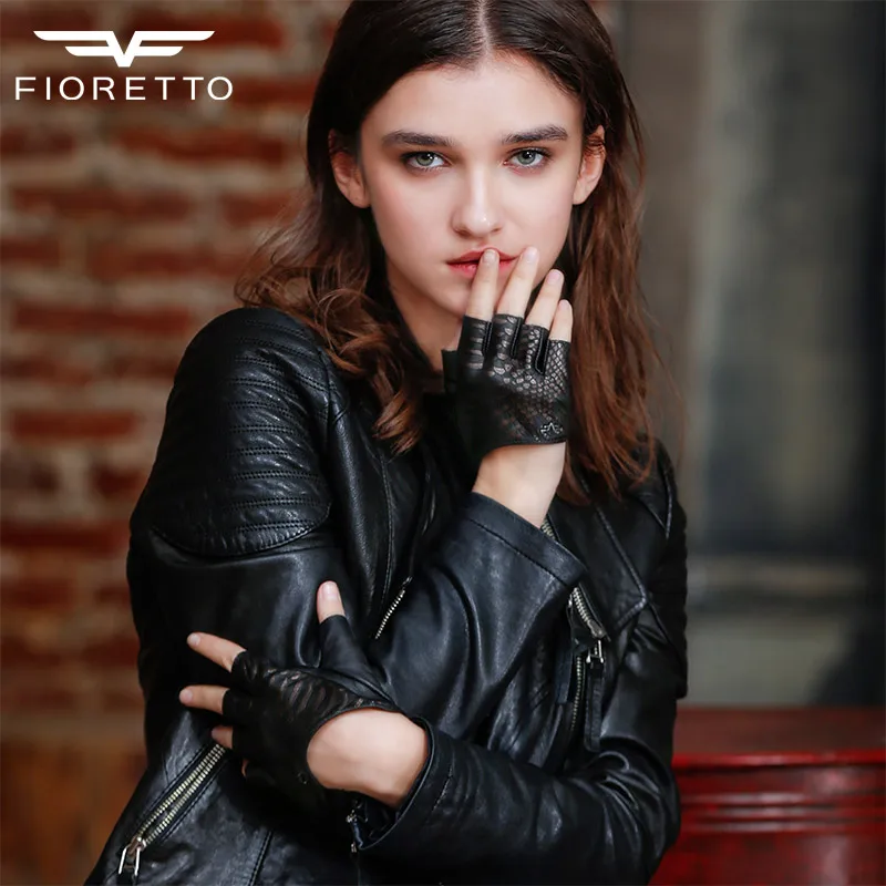 Fioretto из натуральной кожи перчатки для Для женщин перчатки кожаные водительские перчатки панк половина палец Брендовые женские модные
