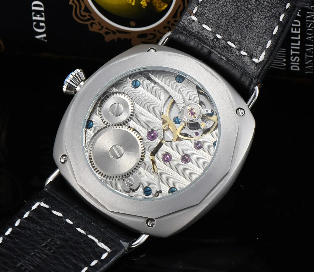 PARNIS 45 мм часы с ручным заводом механический механизм из Нержавеющей Стали Полированные мужские часы высокого качества кожаный ремешок Z630-7