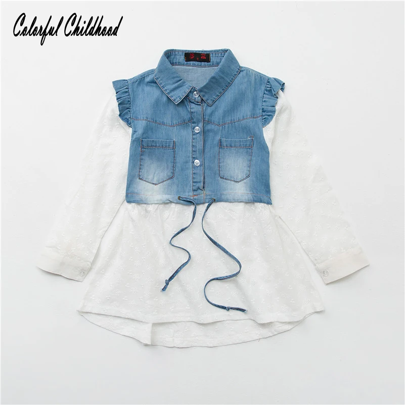 

Girls Shirts 2017 New Autumn Baby Girls Blouse denim lace toddler Kids Shirts Children Clothing 3-8Yrs