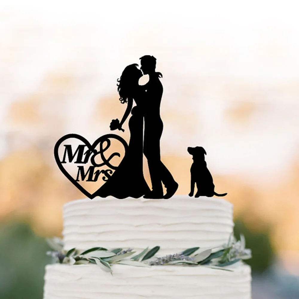 Забавный свадебный торт Топпер с собакой мистер и миссис пара силуэт торт Топпер, акриловые серебряные Торт Топперы невесты и жениха с сердцем