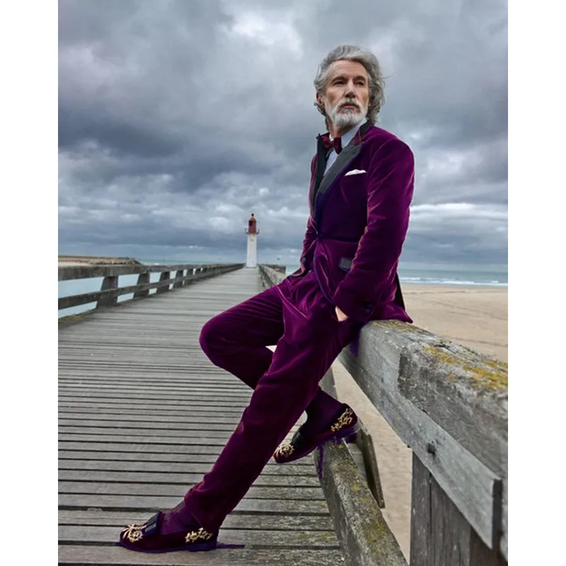 

2017 Purple Velvet Slim Fit Men Suit Blazers Groomsmen Tuxedos Prom Casual Velour Mens Suits Wedding Groom Clothes(Jacket+Pants)