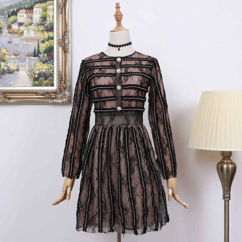 Винтажное черное вышитое бисером цветочное кружевное мини-платье для женщин летнее элегантное Брендовое дизайнерское Полосатое женское вечернее платье одежда