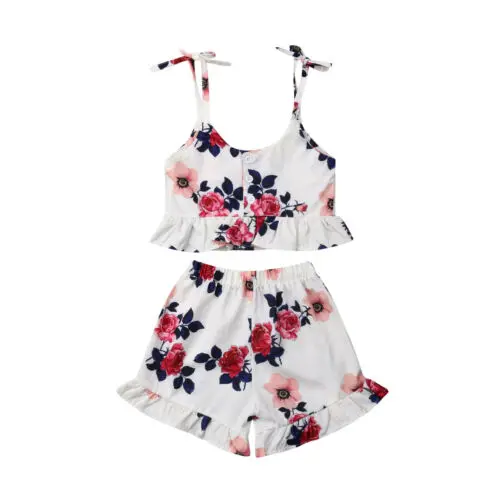 

0-3Years Toddler Kid Baby Girl Strap Tops Floral Shorts Pants 2Pcs Set Clothes