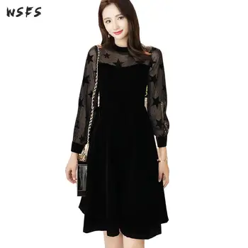 

Autumn Womens Dress Black Star Long Lantern Sleeve See Though Vintage Party Sexy Sundress Bodycon Office Ladies Midi Dresses