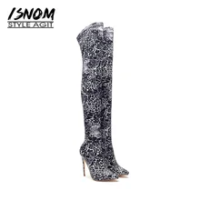 ISNOM пикантные женские сапоги на высоком каблуке зимние стрейч Leopard Bootie женские балетки с острым носом ботфорты 2018 теплая обувь
