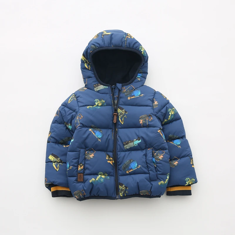 Детская осенне-зимняя стеганая куртка для мальчиков пальто с флисовой подкладкой с крутым принтом «ккаватор»