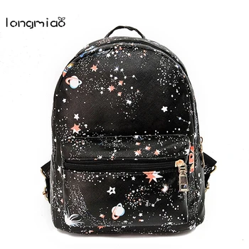 

Women Leather Backpack 2019 New Strarry Galaxy Backpacks for Teenage Girls Black Korean School Backpacks Printing Travel Mochila