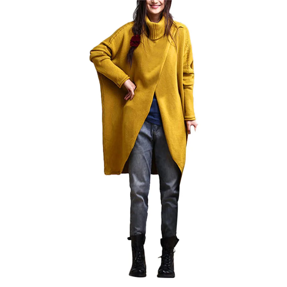 Плюс Размеры Женская мода Водолазка асимметричный подол Свитер с длинными рукавами элегантные пиджаки Топы Высокое качество асимметричный подол