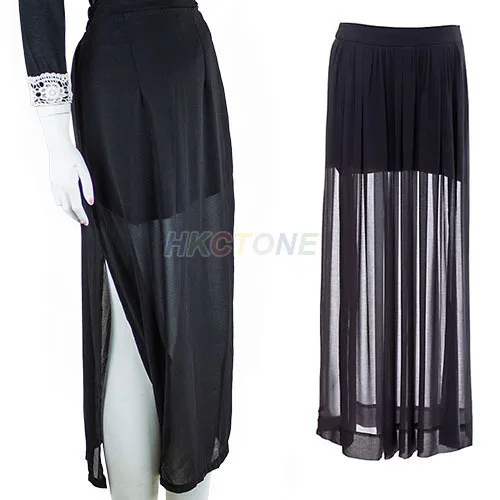 Bluelans прозрачная Для женщин прозрачные высоким бортом Разделение черный Плиссированное шифоновое, максимальная длина юбки
