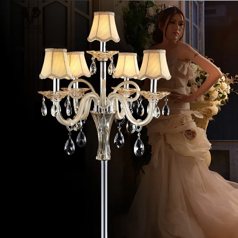 5-arm large champagne gold glass floor lamp with fabric lamp shade tall wedding crystal  floor lights led candlestick table lamp