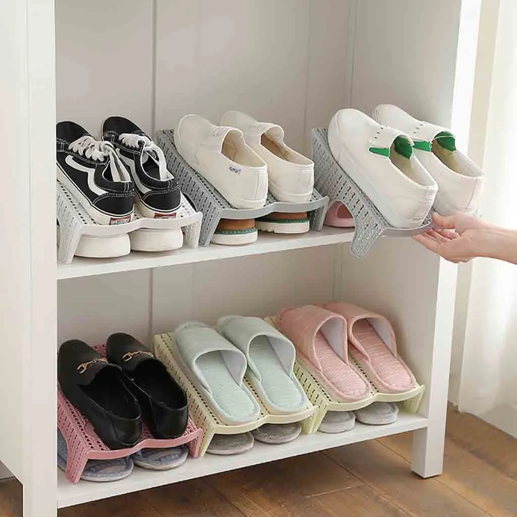 

2019 New Shoe Slots Double Layer Plastic Space Saver Holder Shoes Box Organizer Storage Imitation rattan double shoe rack hot