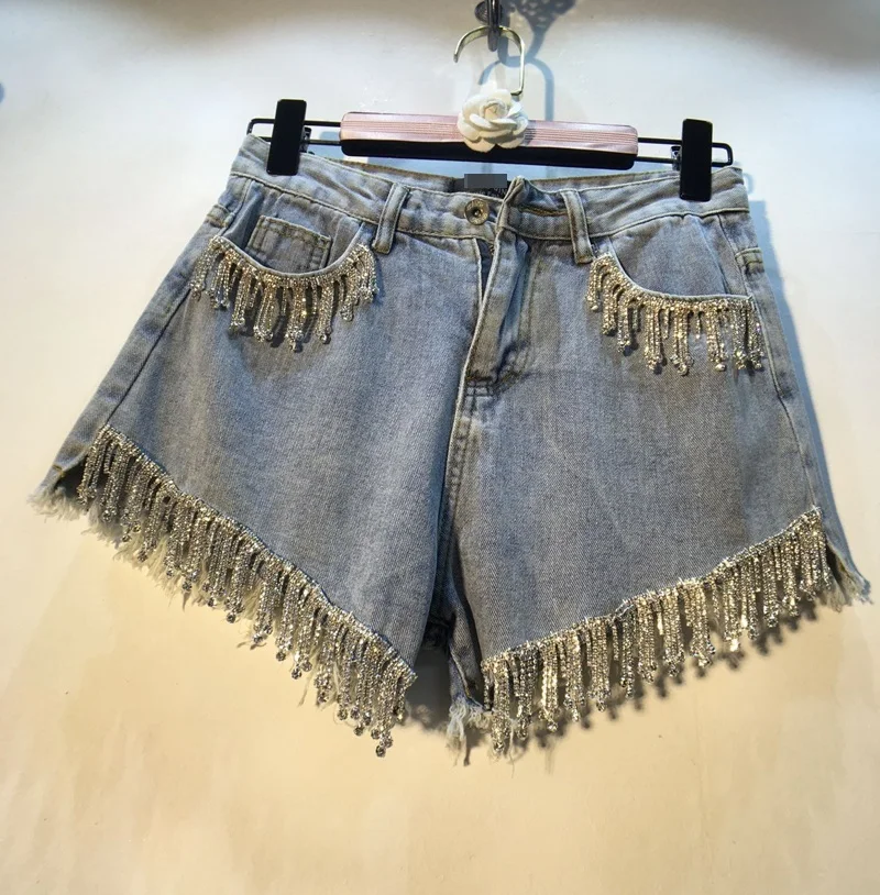 

2019 Cotton Rushed Women Shorts Short Jeans Women's New Cowboy Heavy Work Vertical Studded Tassel High Waist Wide Leg Female