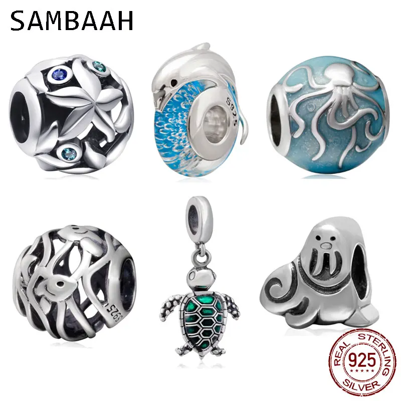 

Sambaah 925 Sterling Silver Ocean Life Starfish Fish Sea Turtle Charm Beads fit Original Pandora Style Summer Ocean Bracelet