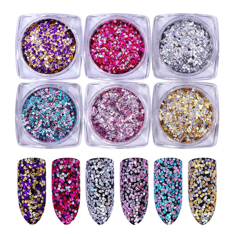 

6 Boxes Holographic Shell Flakies Nail Flakies 1mm Hexagon Mix Color Holo Nail Paillette Sequins