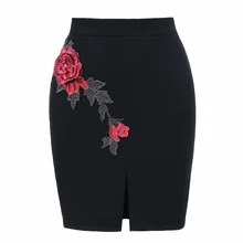 Elegant Sexy Summer Black Mini Short Bandage Red Flower Women Skirts Slit Tight Female Lady Femme