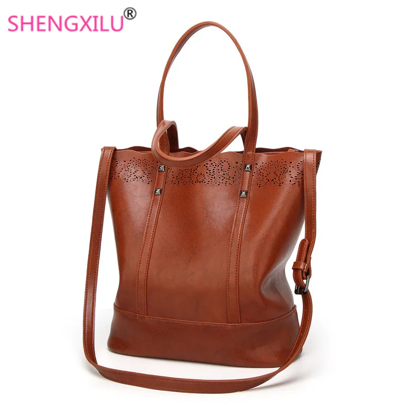Shengxilu Hollow Out Women Shoulder Bags Coffee Leather Rivet Female Handbags Brand Ladies