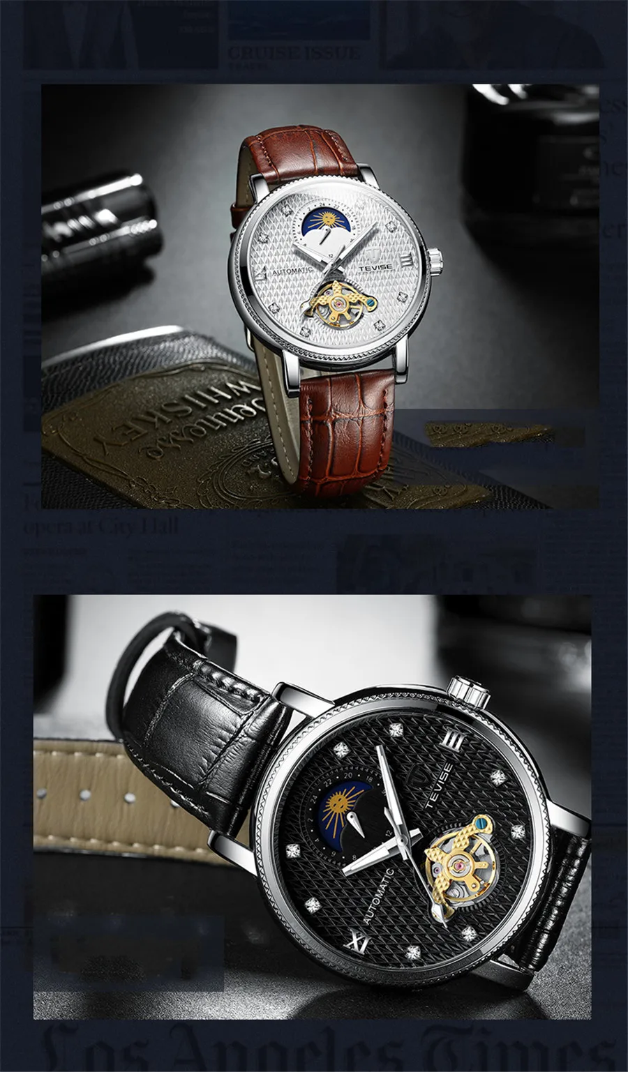 Модные брендовые спортивные водонепроницаемые механические часы мужские автоматические наручные часы с кожаным ремешком