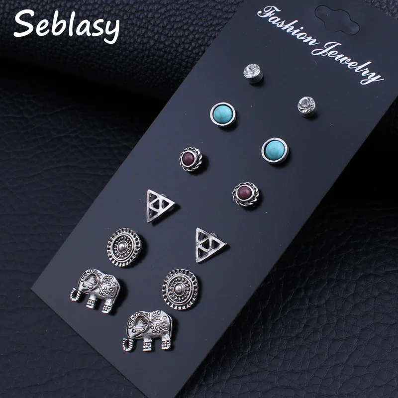 

Seblasy New Vintage 6 Pairs/Set Women Ethnic Bohemian Stone Earrings Elephant Triangle Crystal Stud Earrings Sets Accessories