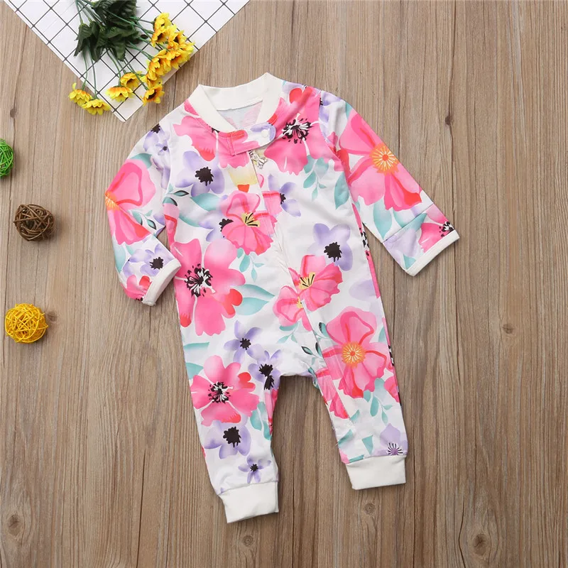 

Newborn Baby Girls clothes Flower print Zipper long sleeve Romper round neck kids Toddler cotton autumn Jumpsuit one pieces