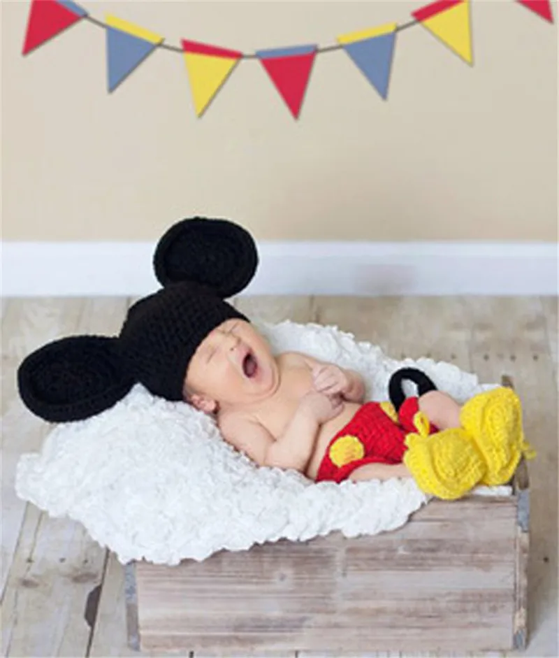 Hot Sale Mickey Hat Pants&Shoes Set Boy Knitted Costume Cartoon Design Baby Photography Props Halloween Outfits MZS-14016