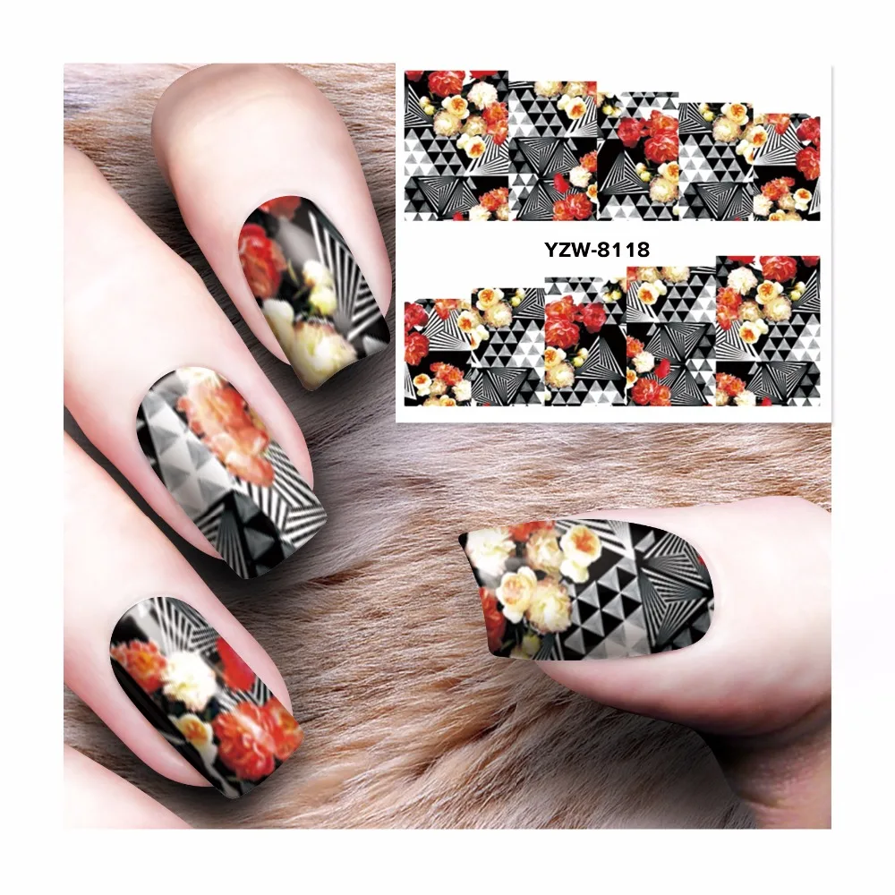 

YWK 1 Sheet Water Stickers Beauty Black Flower Design Nails Decals Decorations Accessoires Manicure Tools #8118