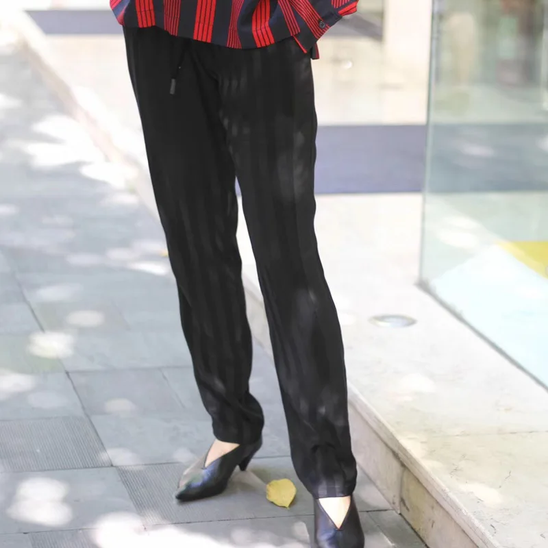 

2019 Spring Stitching Striped Casual Pants Women High-end Pants Striped Pockets Sashes Elastic Waist Full Length Pants Women