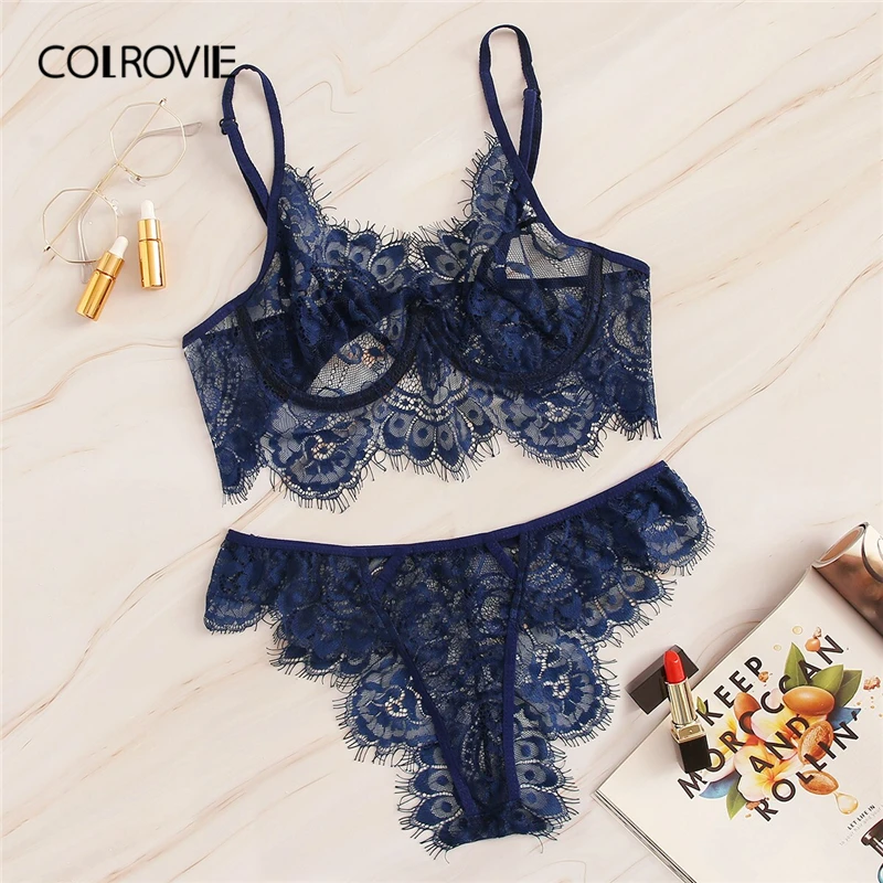  COLROVIE Navy Eyelash Lace Lingerie Set Women Intimates Sexy Sets 2019 Underwire Bra Briefs Panty S