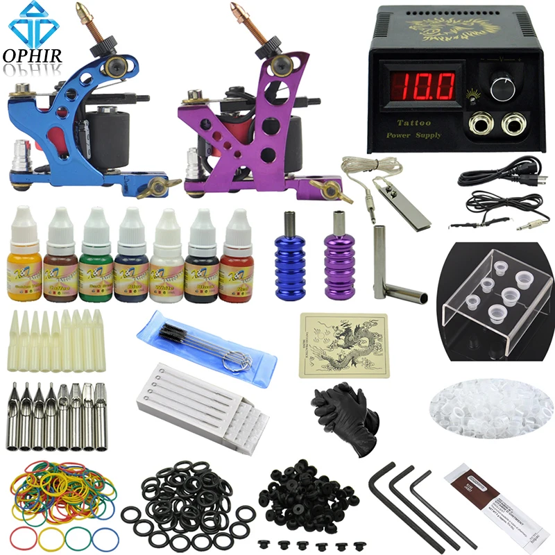 OPHIR Pro Complete Tattoo Kit Tattoo Body Art Accessory 2 Tattoo Machine Gun Power Supply 7 Colors Inks Needles Tips Grips_TA068