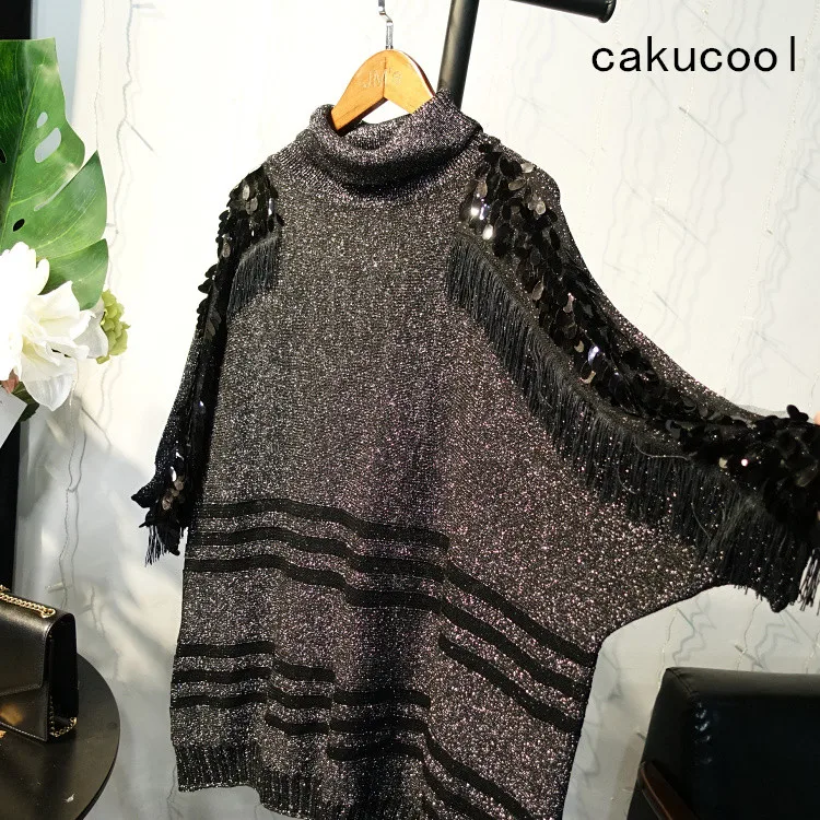 

Cakucool Women Sweaters Autumn Winter Turtleneck Loose Jumpers Bling Tassles Sequined Batwing Half Sleeve Large Sweater Female