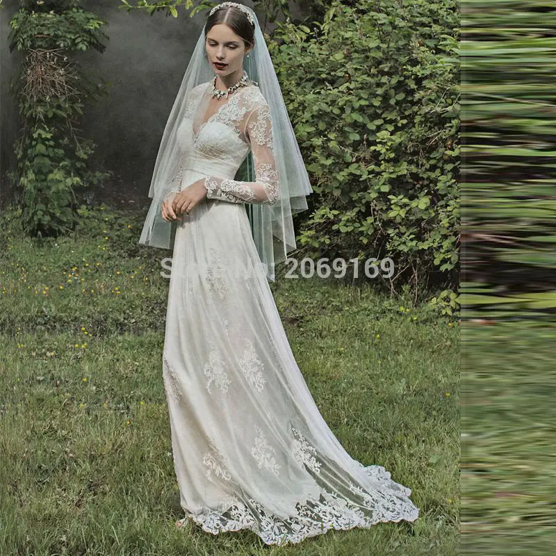 

2019 Greek Lace Beach Long Sleeve Wedding Dresses V Neck Open Back Casual Bridal Gown for Pregnant Women