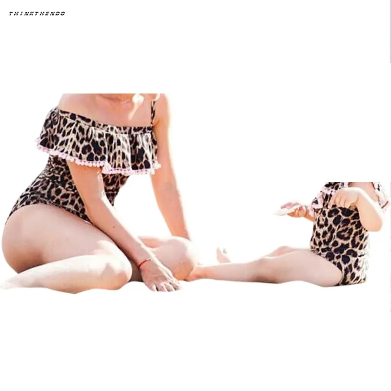 

Parent-child Swimwear Female Adults Kids Leopard Grain Print Lace Trim One-piece Swimsuit Swimwear