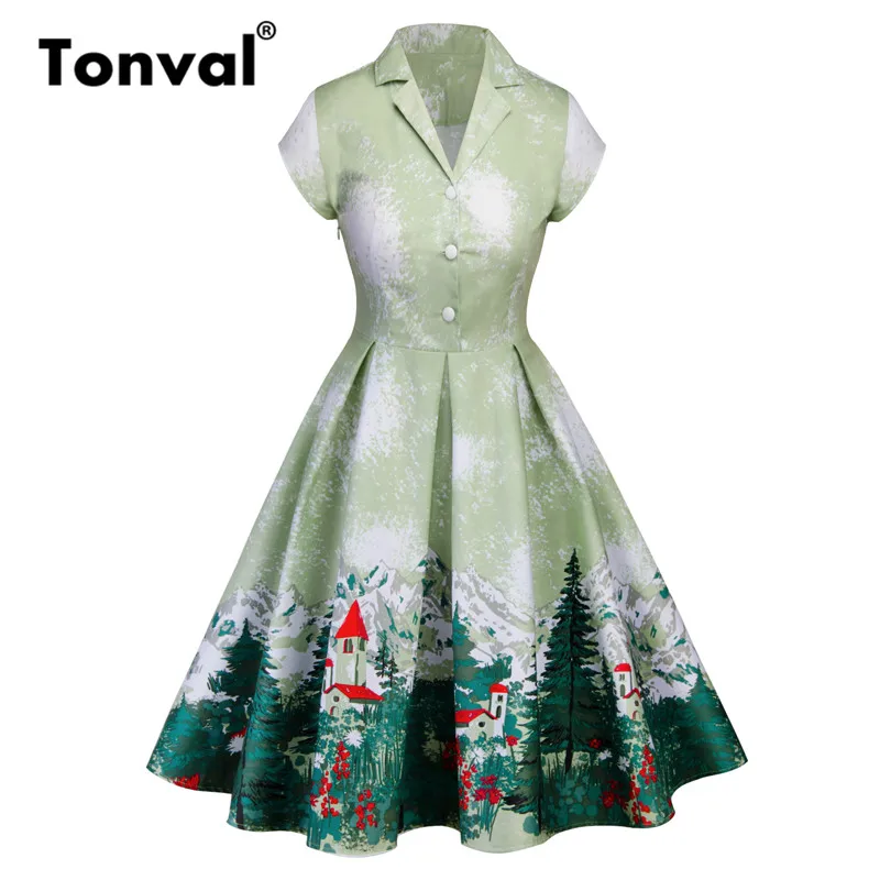 

Tonval Green Turn-down Collar Pleated Retro Dress Mountain and Tree Print Office Vintage Dresses Women Christmas Dress