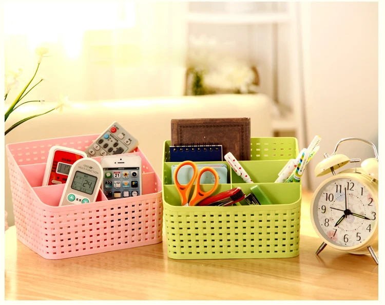 Four Five Checks Plastic Rattan Plaited Desk Organizer Cosmetics Makeup Storage Holder for Office Desk Phone Remoter