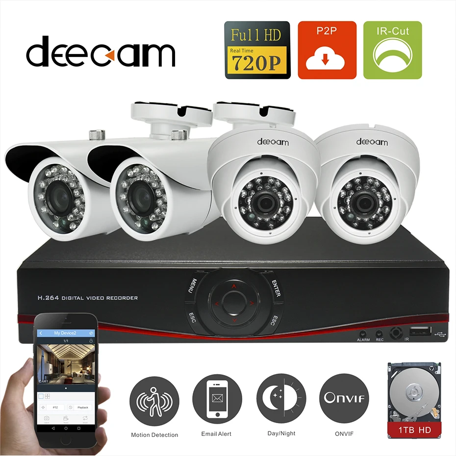 Deecam 4pcs HD 720P 1200TVL Security Camera Kit Home Video Surveillance