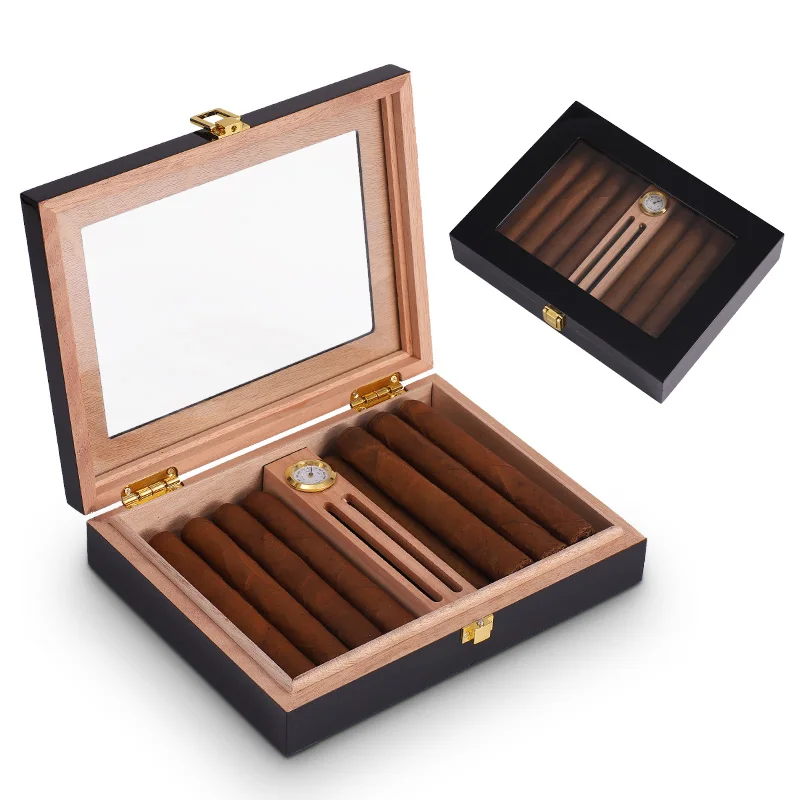 Испания Cedar Wood Cigar дорожная коробка для сигар портативная сигара чехол для сигар Humidor Cigar Box W/увлажнитель гигрометр - Цвет: Black