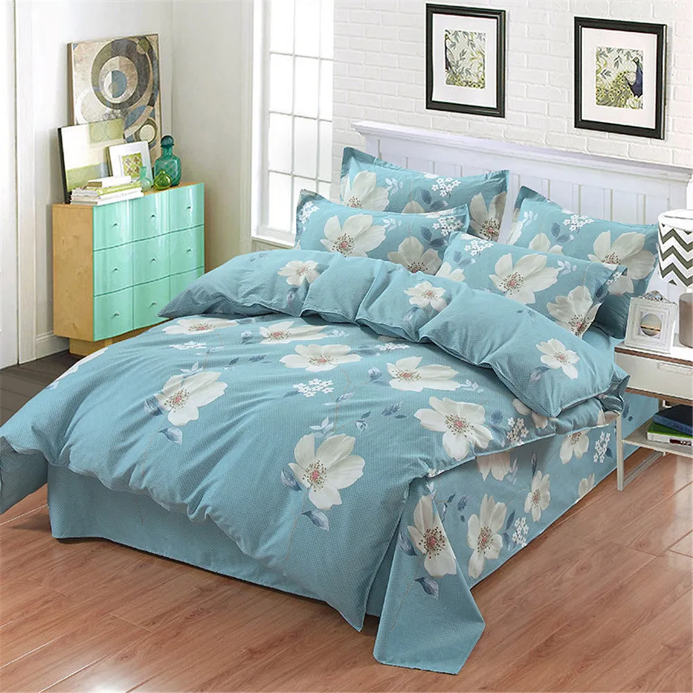 

100%cotton flowers print duvet cover set queen king size blue bedding set for girls/adult soft bed sheet pillowcase duvet cover