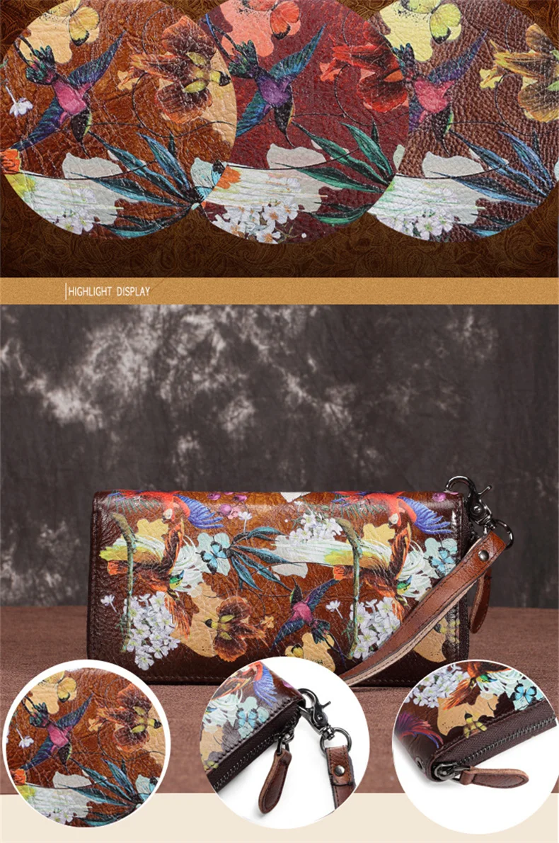 Женский клатч из натуральной кожи, женские кошельки в стиле ретро, длинная удобная сумка на молнии с цветочным принтом, держатель для карт, кошелек для монет