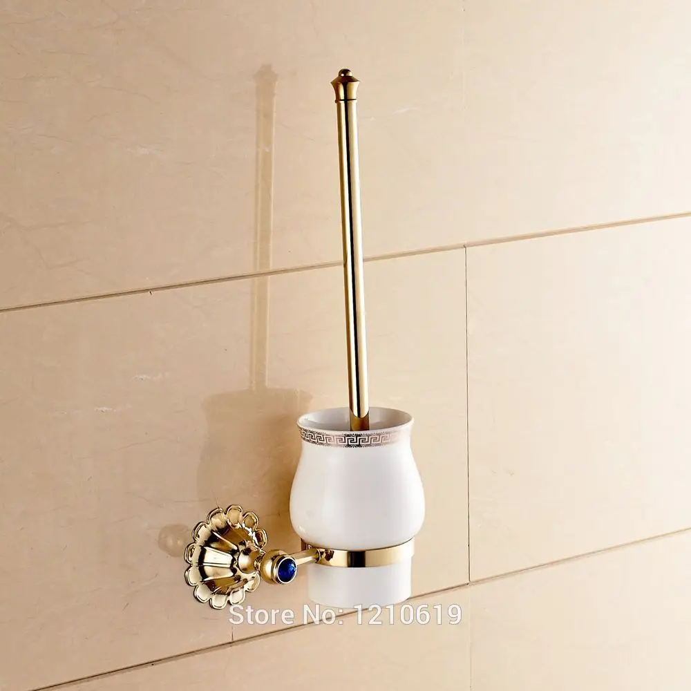 

Newly Euro Style Toilet Brush Holder Ceramics Cup Blue Crystal Gold Plate Toilet Brush Rack Shelf Wall Mount