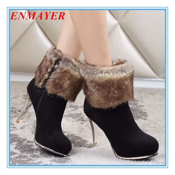 

free shipping 3 colors high thin heels boots fur warm plush solid women boots elegant round toe platform ankle boots