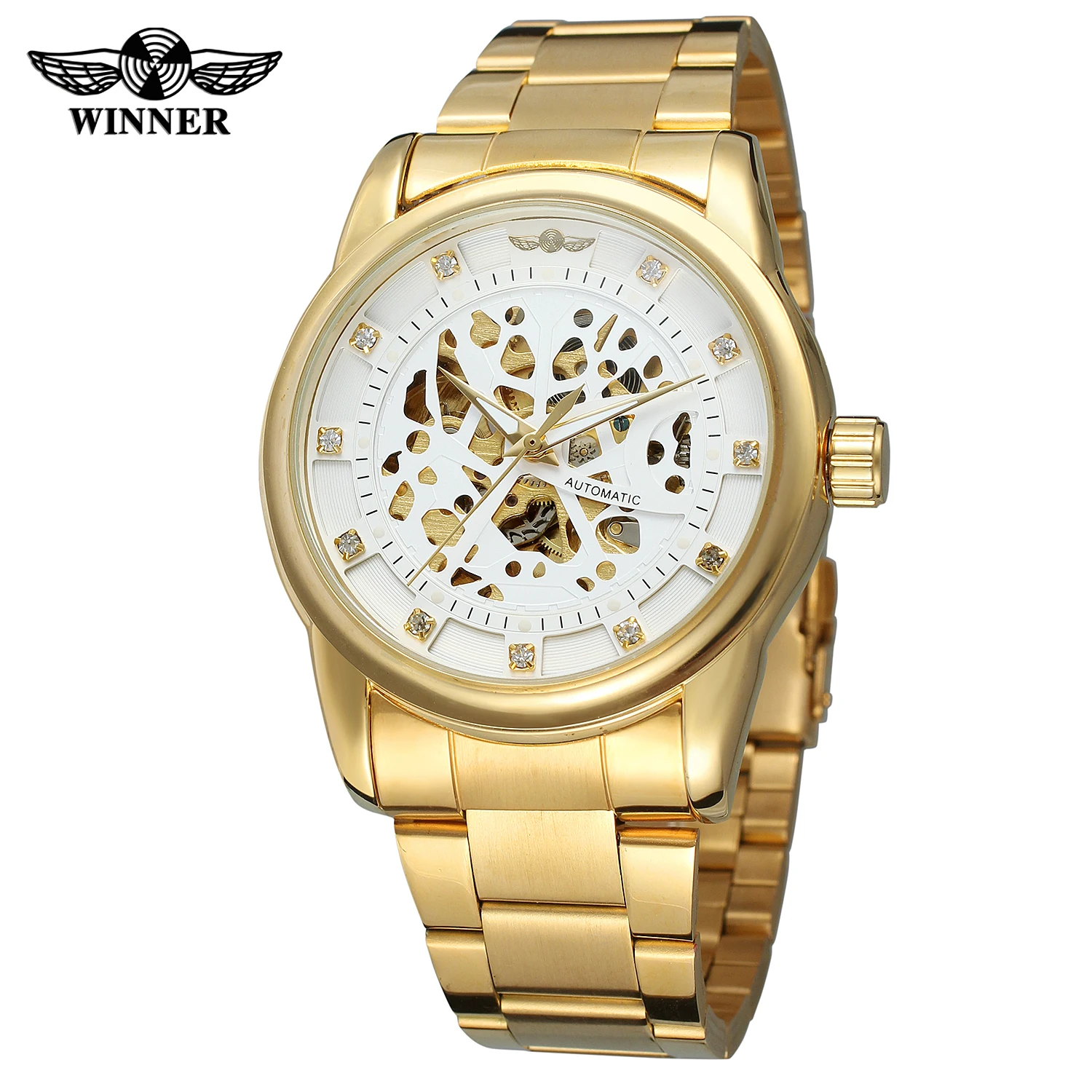 Winner Royal Diamond Design Black Luxury Gold Full Stainless Steel Clock Montre Homme Men Relogio Orologio Meccanico Scheletro Maschile