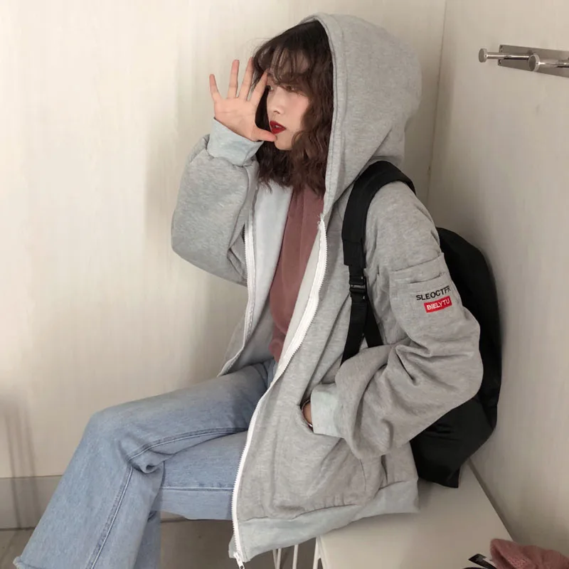 Hoodies Women Hooded Thicker Plus Velvet Solid Letter Embroidered Zip-up Pockets Loose Womens Hoodi