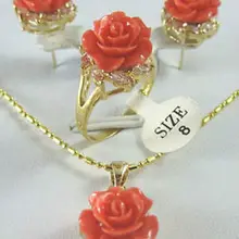 Красивая золотая пластина розовая Коралловая Серьга-подвеска цветок кольцо набор кварцевые тонкие позолоченные золотые свадебные широкие часы крылья королева