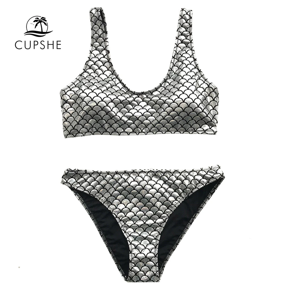 CUPSHE Fish scale Tank Bikini Set Women Removable High Leg Cut Beach
