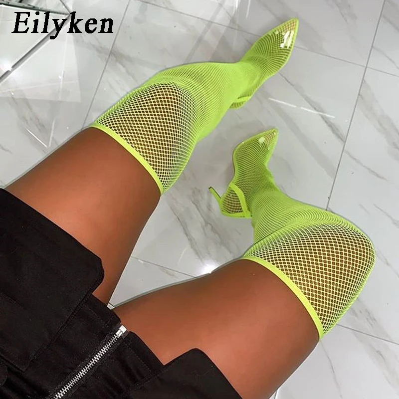 Eilyken; модные сетчатые Сапоги выше колена; женские вечерние туфли с острым носком на высоком каблуке; цвет черный, зеленый; ночные сапоги; босоножки; Размеры 35-42