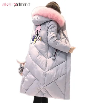 

AKSLXDMMD Fashion Pink Fur Collar Hooded Jacket 2019 New Winter Women Pattern Letters Thick Long Coat Female Jackets LH1082