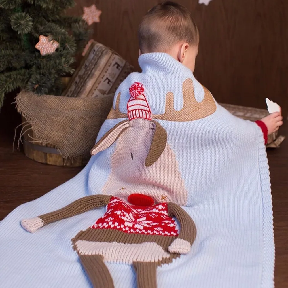 Детское рождественское одеяло с оленем, теплые детские вязаные пляжные одеяла, размер 60*120 см, Прямая доставка