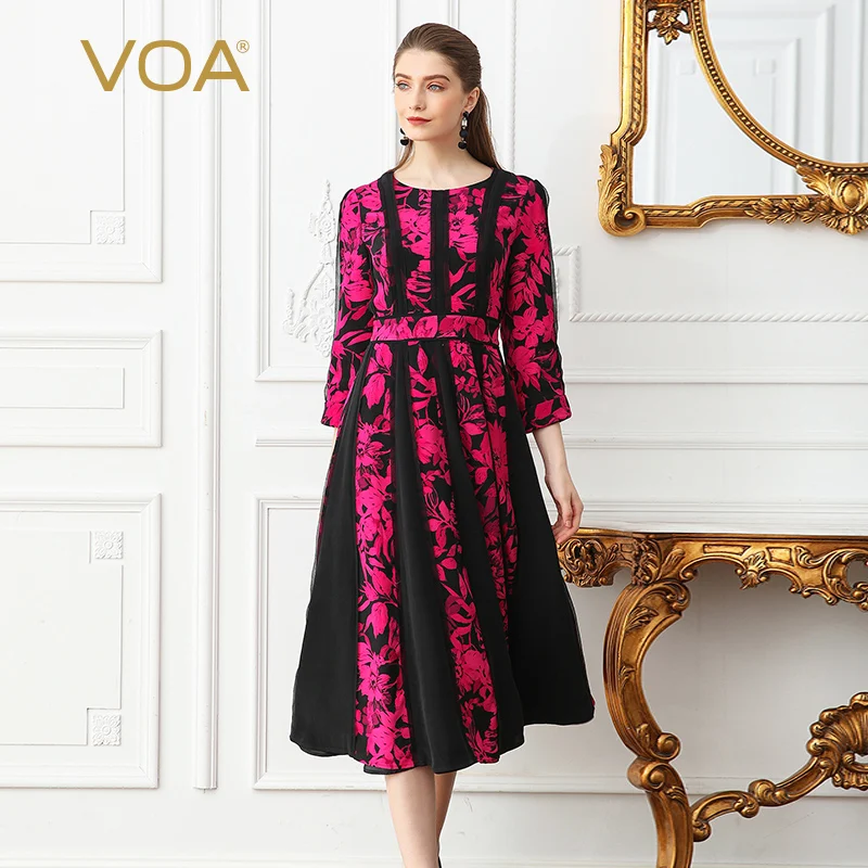 

VOA High Waist Pleated Dress Silk Heavy Crepe De Chine Plus Size Red Print Women Long Casual Office Party Dress Spring A109