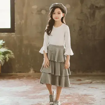 

2019 Korean style girls 2 pcs set t-shirt+ruffles skirt fashion spring cotton girls suit 4-9t A980