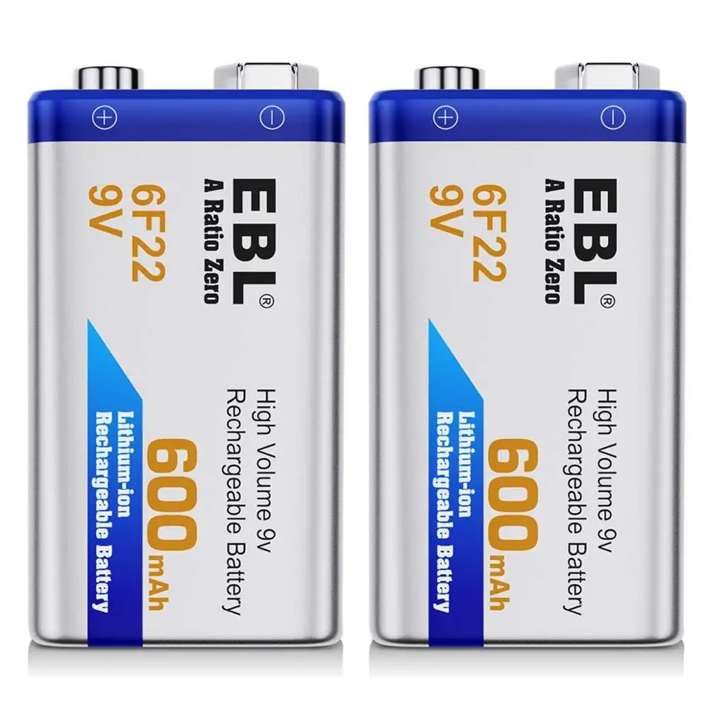 

EBL 2PCS 6f22 600mAh 9v rechargeable li-ion battery large capacity eco-lithium battery for GPS,LED lighting paintball gun