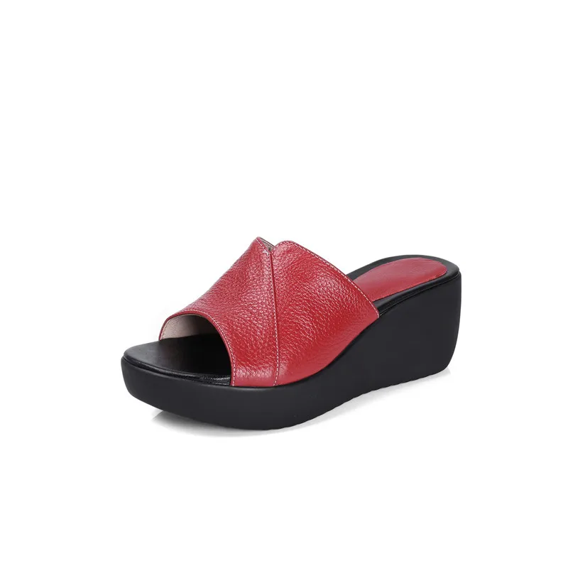 MORAZORA/ г., женские шлепанцы из высококачественной коровьей кожи однотонные туфли на танкетке Женская Удобная модная летняя обувь - Цвет: Красный
